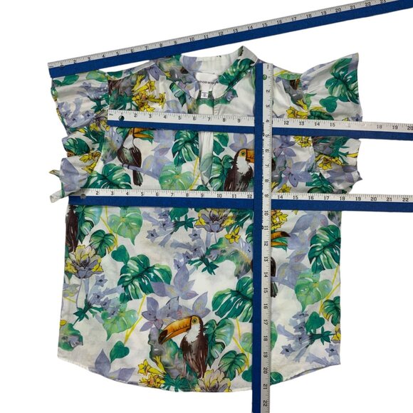 Lavender Brown Blouse Top XS Multicolor Toucan Design Ruffle Cap Sleeve V-Neck - Picture 6 of 12